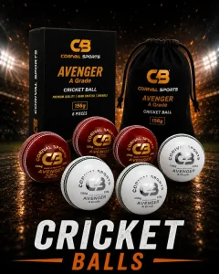 COrival Sports Avenger A Grade leather cricket balls in red and white with storage pouch and box for matches, practice, and cricket leagues in the USA.