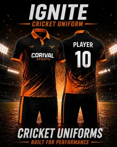 COrival Sports Ignite custom cricket uniform featuring black and orange cricket jersey and shorts with front and back views for clubs, teams, and tournaments.