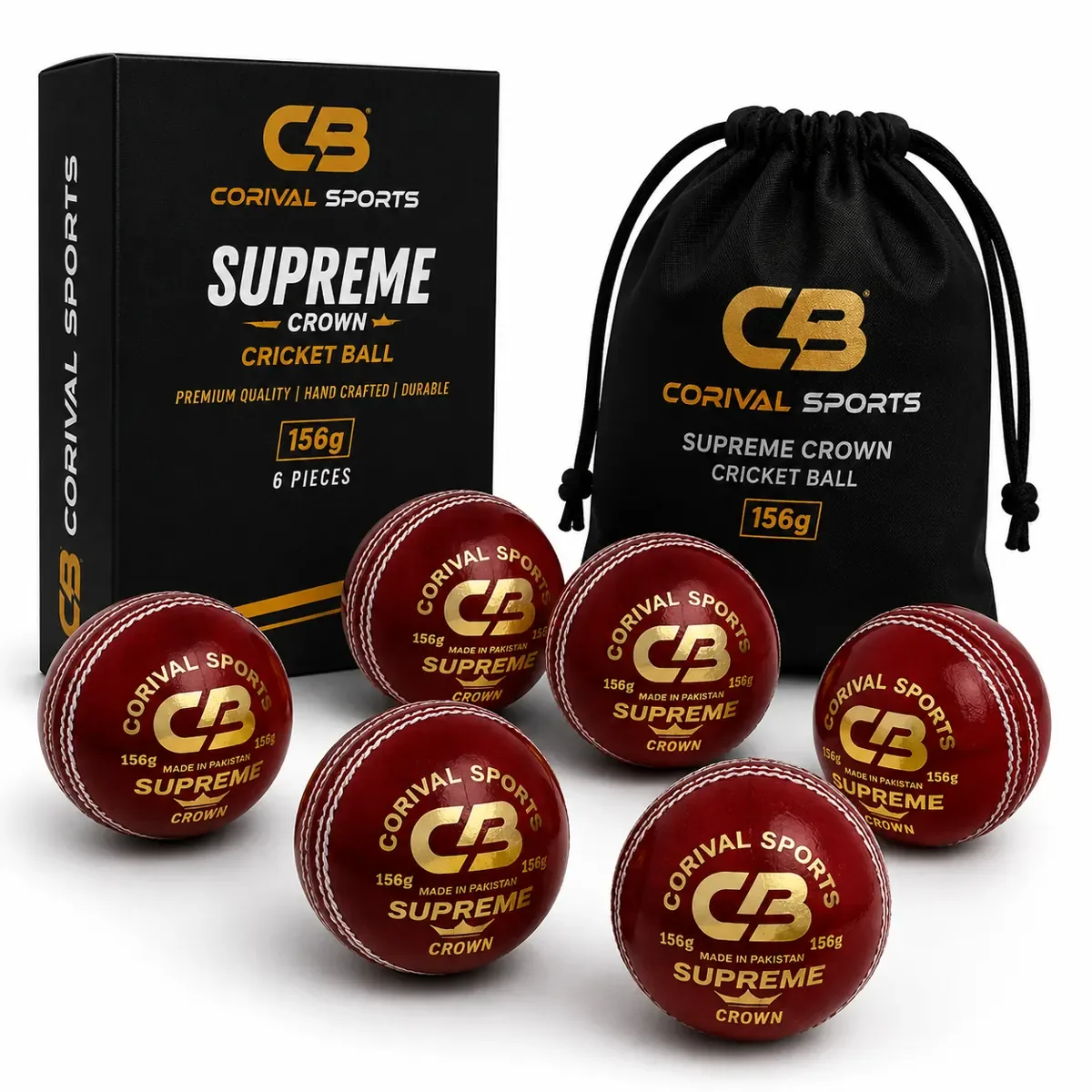 Supreme Crown White Leather Cricket Ball with green seam by Corival Sports, a leading leather cricket ball manufacturer in Sialkot, Pakistan. Premium match-quality cricket ball for wholesale, OEM, and private label buyers.