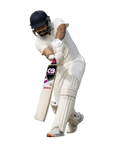 Corival Buraq English Willow Cricket Bat in action with professional batsman playing a cricket shot.